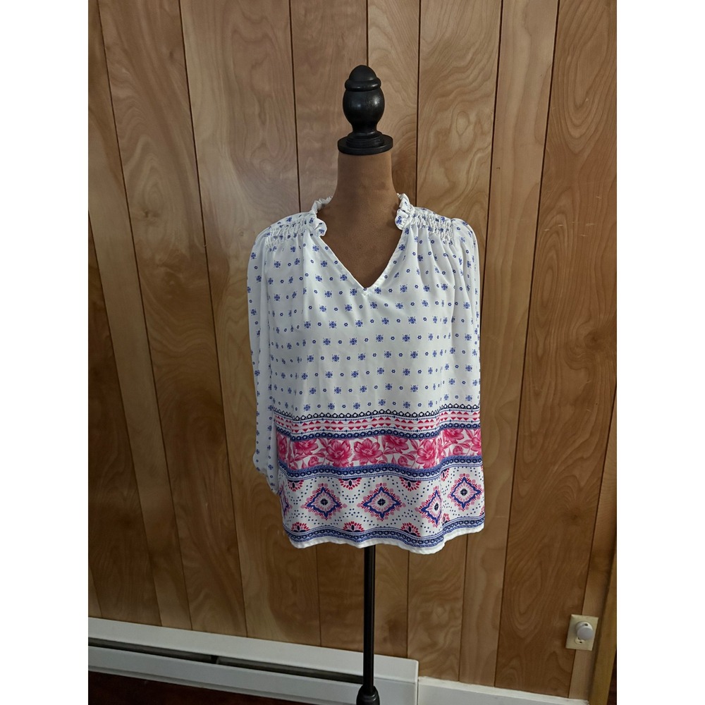 AQUA Womens White Blue Pink Floral Border Print Ruffle Neck Blouse‎ Small